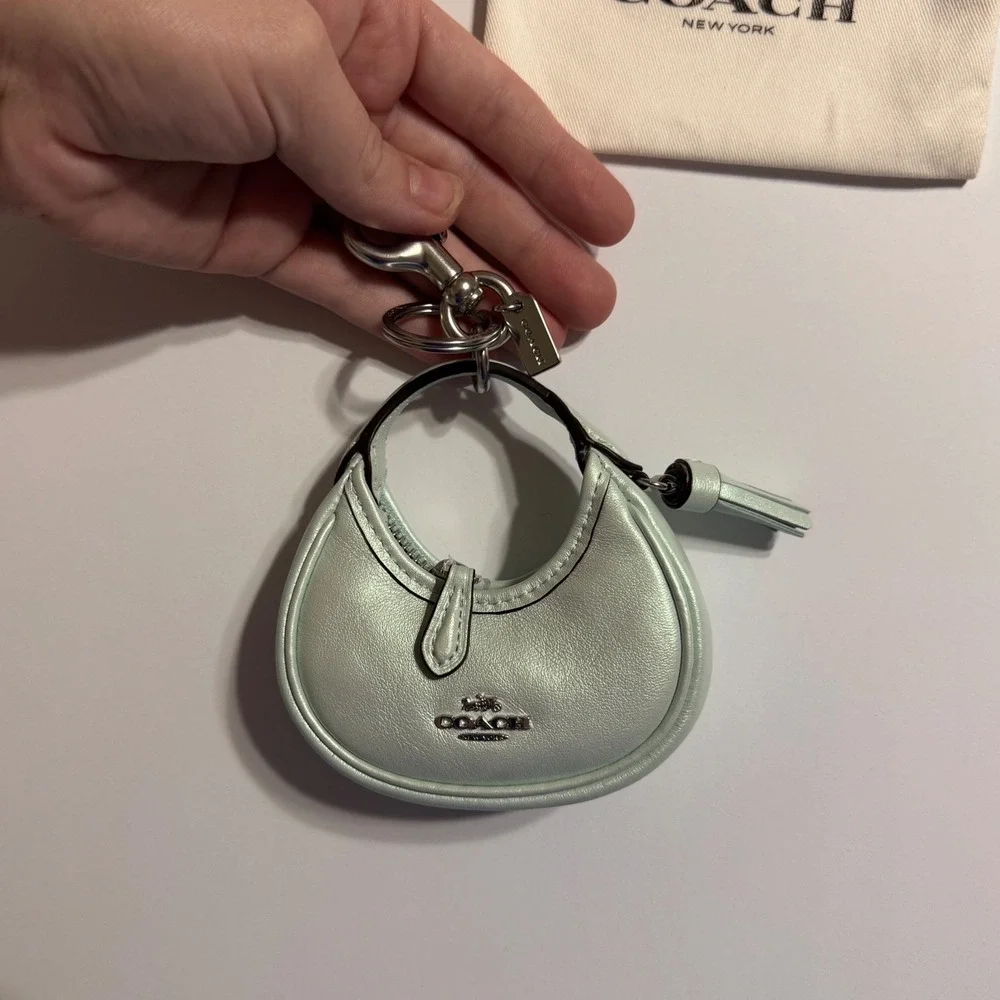 Coach Metallic Mint Green Mini Bag Charm Hobo Key Fob Tassel Leather Accessory